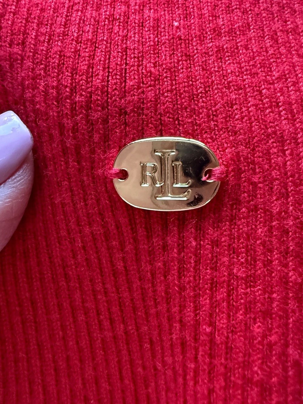 Lauren Ralph Lauren Red Ribbed Turtleneck Sweater Gold Logo Plaque Size L - Picture 6 of 9